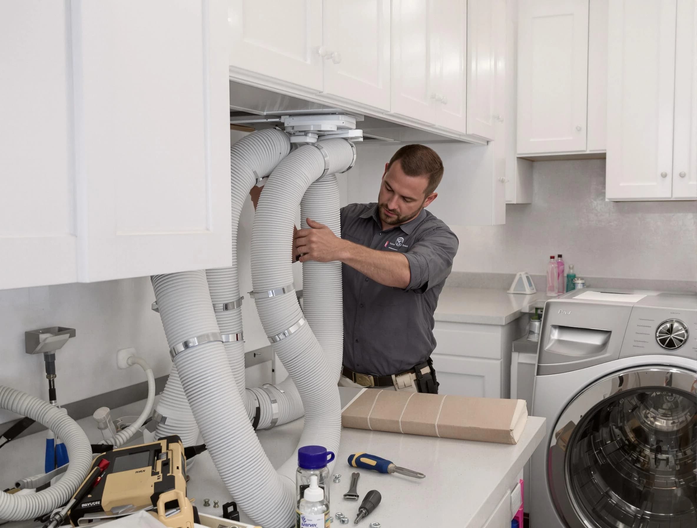 Wakefield Dryer Vent Cleaning technician installing a new professional-grade dryer vent hose in Wakefield
