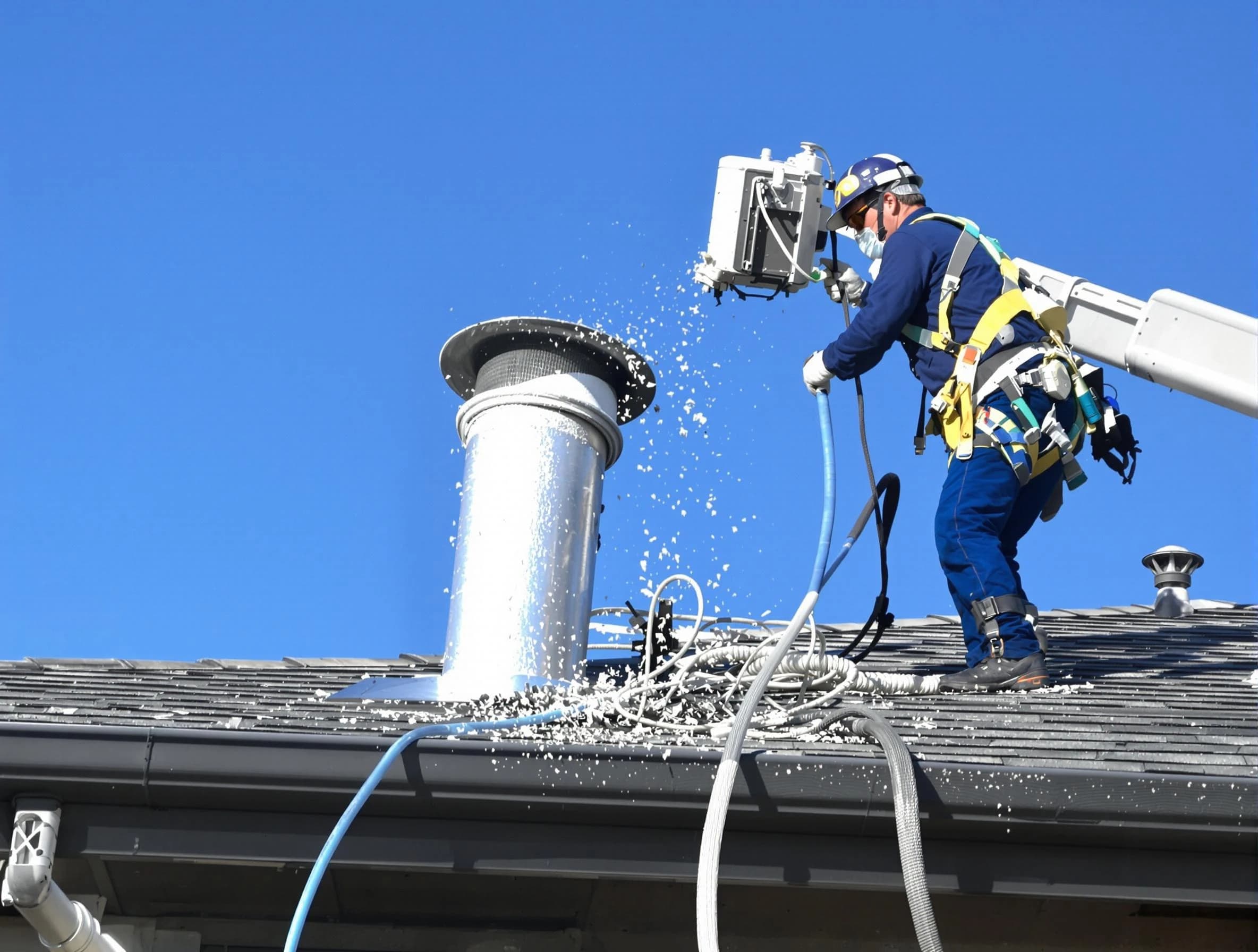 Wakefield Dryer Vent Cleaning certified technician safely cleaning a roof-mounted dryer vent in Wakefield