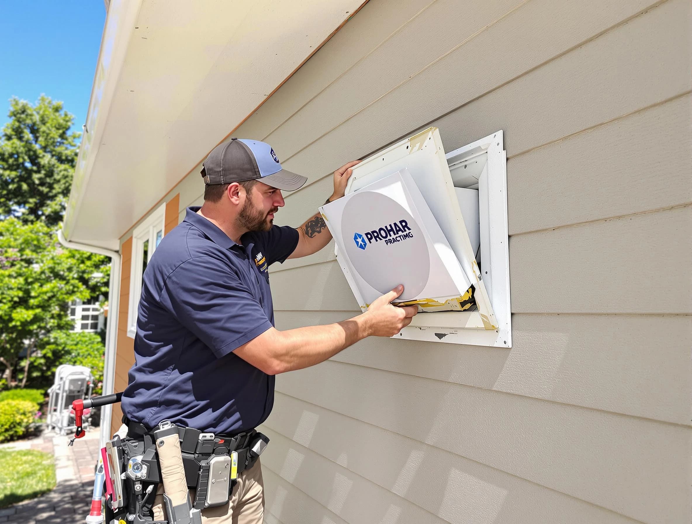Wakefield Dryer Vent Cleaning technician installing a new protective dryer vent cover on a home in Wakefield