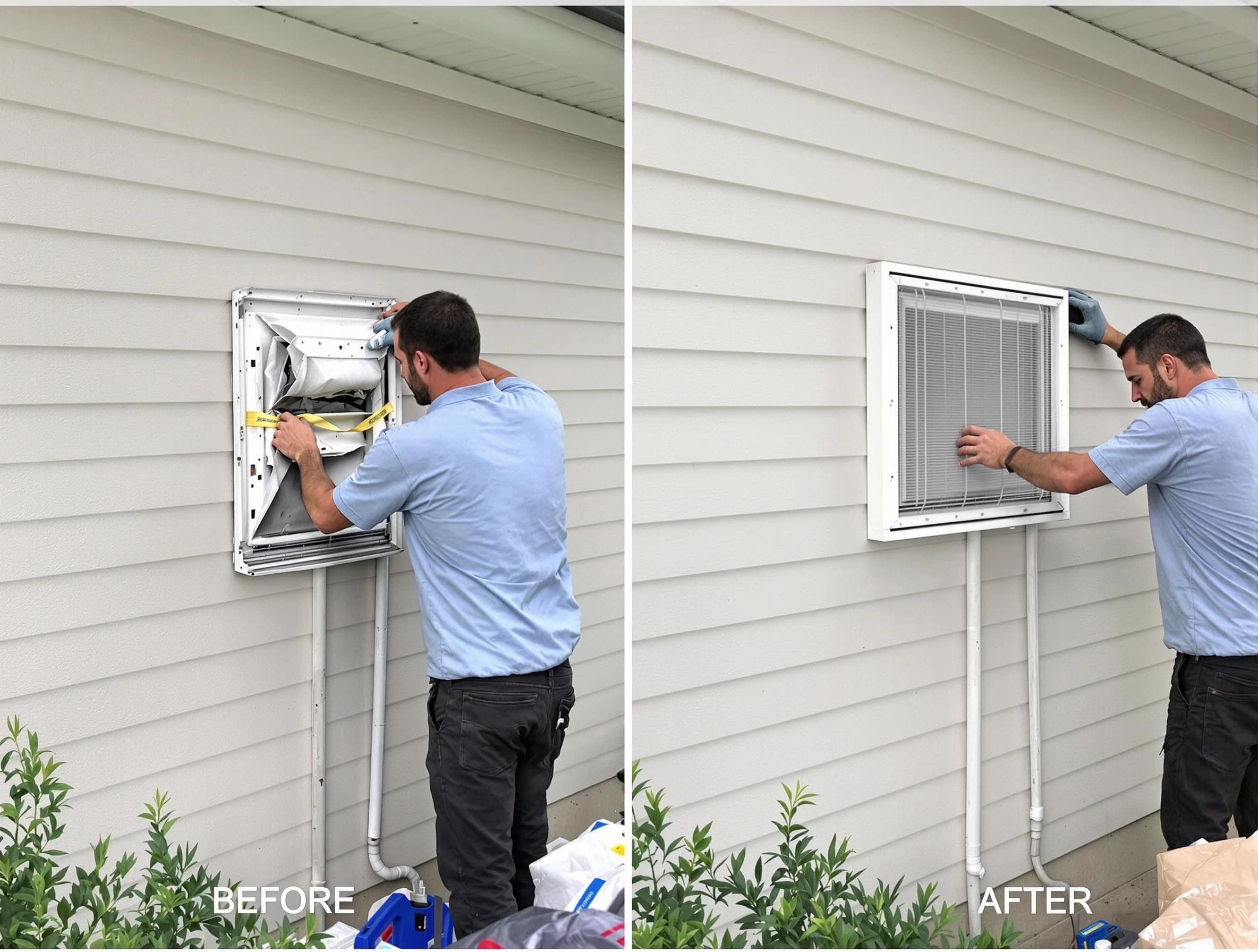 Wakefield Dryer Vent Cleaning technician installing high-quality dryer vent cover at a residential property in Wakefield